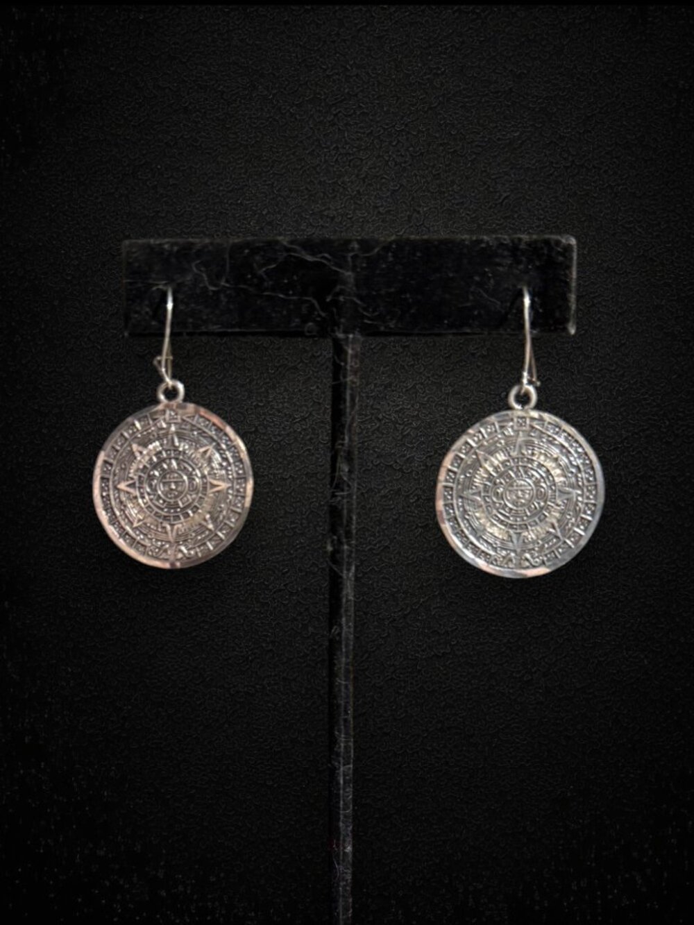 Vintage Mexico 925 Sterling Silver Aztec Sun Stone Calendar Dangle Earrings